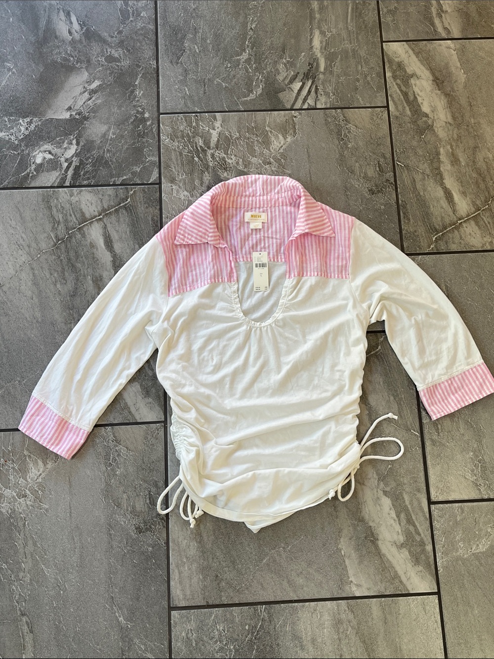 🤍 NWT Maeve Collared Scoop Neck Shirt Size Large White Pink Stripe Side Tie